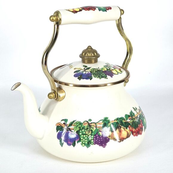 Vintage Metro Enamel Teapot Vitroceramic‎ VHTF Fruit Handle Kitchen Collectible - Picture 1 of 11